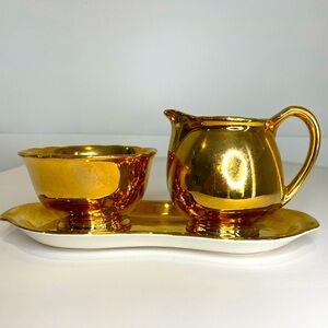 Vtg Crown Devon Porcelain Set of Mini Gold Cream, Sugar and Matching Tray China